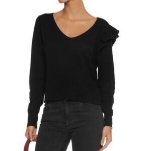 John + Jenn Womens Black Textured Ruffle V-Neck Sweater Size Small Chic Comfy